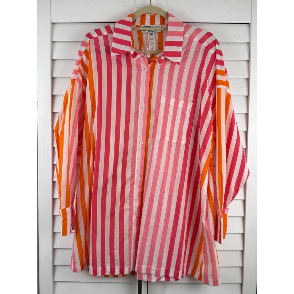 Beach Riot Alexa Top L/XL Pink Orange Striped Oversized Button Down NEW